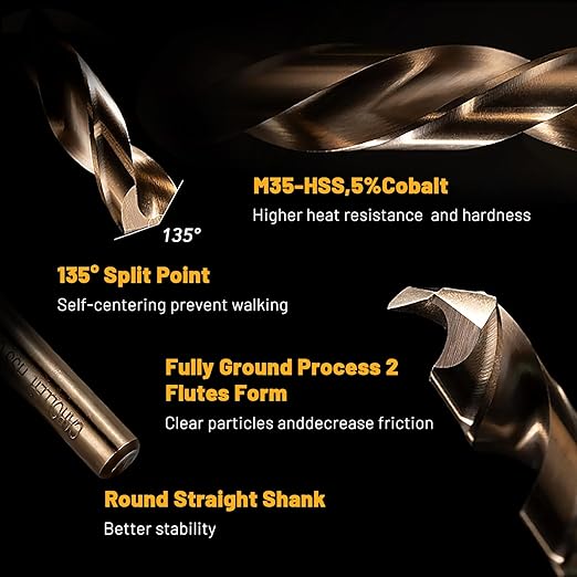 CaRoller 1/8 Inch Cobalt Drill Bit Sets,10 Pack 135 Degree Tip of M35 Length Twist Drill Bits with Storage Case for Hard Metal, Stainless Steel, Cast Iron, Wood and Plastic (1/8"-10pcs-M35)