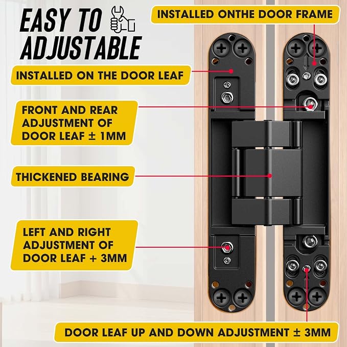 6inch Hidden Door Hinge,Concealed Hinges,Hidden Door Hardware kit,Invisible Door Silent 180 Degree Swing Hinge 3-Way Adjustable Butt 6 x 2.5 x 1inch (Black, 6 inches)