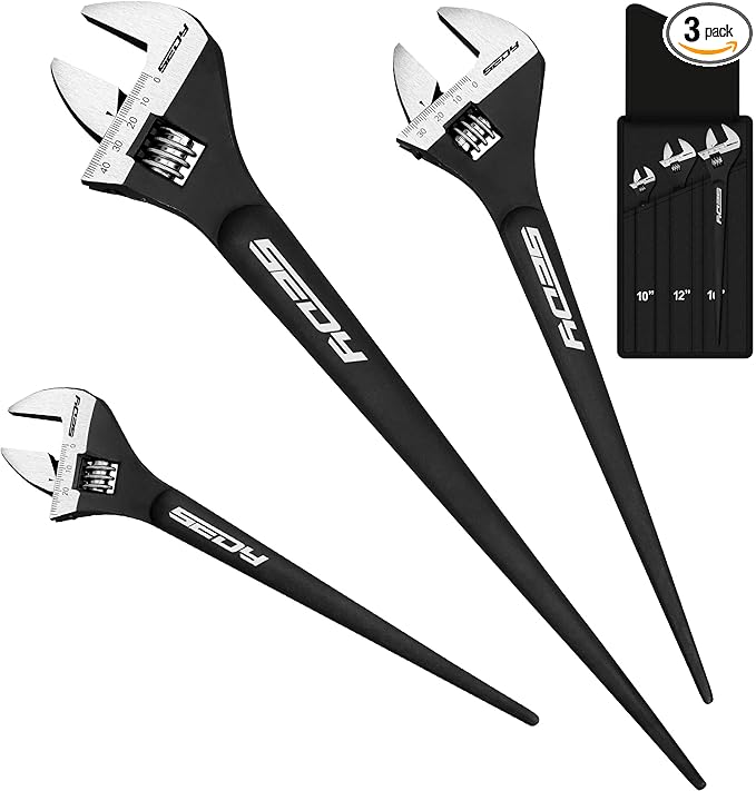 3-Piece Adjustable Spud Wrench Set, 10-inch, 12-inch, 16-inch, SAE and Metric Scale Marked, CR-V Steel with Black Oxide Finish