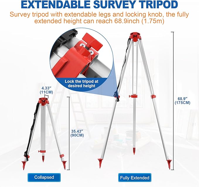 Rotary Laser Level Kit, 360 Degree Automatic Self Leveling Green Beam Horizontal Laser Transit, with Aluminum Tripod & Grade Rod, 500m Working Range for Construction, Building, Surveying