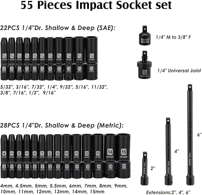 MIXPOWER 55 Pieces 1/4" Dr. Impact Socket Set, CR-V, 6 Point, SAE/Metric, 5/32 Inch - 9/16 Inch, 4mm - 15mm, Shallow/Deep, Including Adapter, Extension, Universal Joint