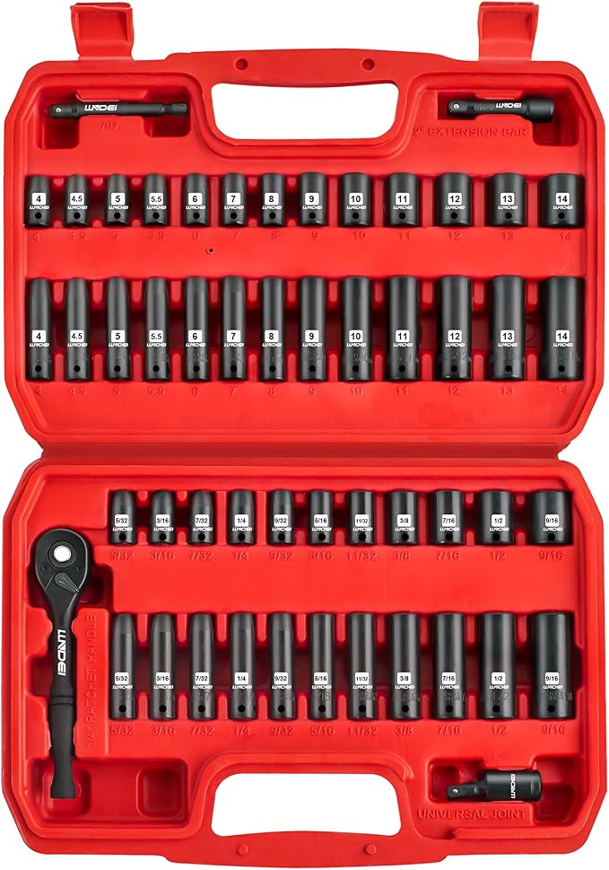 1/4" Drive Impact Socket Set, 52Pcs Ratchet Wrench Set, Metric and SAE | 4-14mm, 5/32"-9/16", 72-Tooth Ratchet, CR-V, Sockets Storage Kit, Mechanic Tool Set, Household Automotive Repair DIY Project