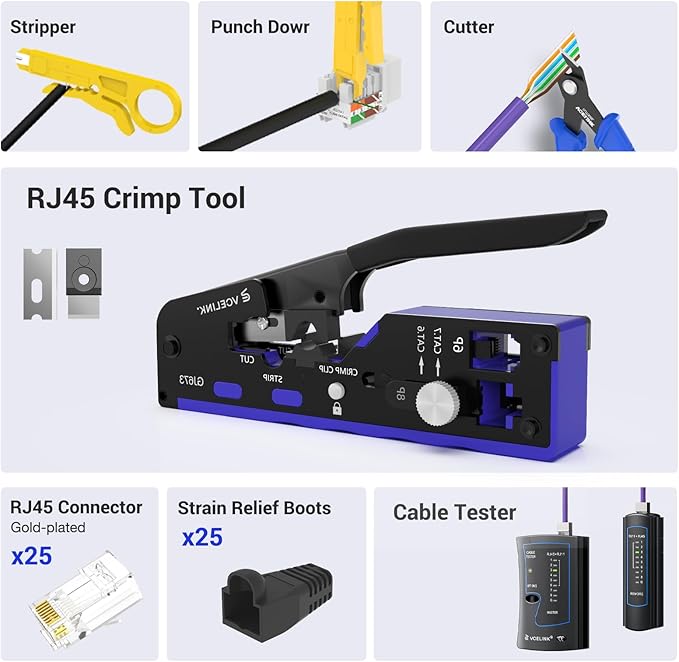 VCELINK RJ45 Crimp Tool Kit for CAT7, Upgraded Network Tool Set with Ethernet Crimper, Cable Tester, 25 RJ45 End & Boots, Cable Tester, Cutter, Stripper and Keystone Puncher in a Cloth Bag, Blue