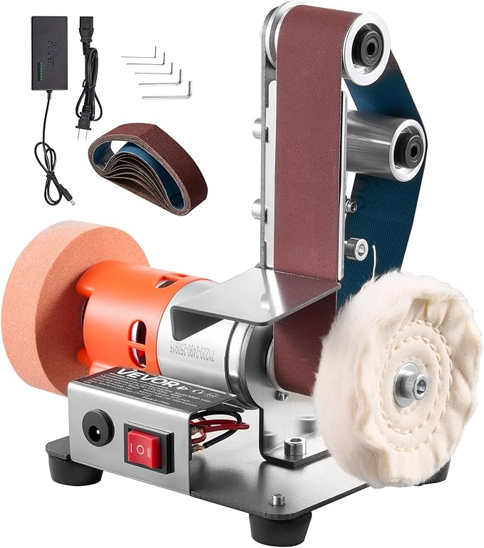 VEVOR 3-in-1 Mini Belt Sander, 13" x 1.2" Sanding Belt, 2.75" Grinding & Polishing Wheel Combo, 7-Speed Adjustable with Forward/Reverse Control for Woodworking, Jewelry Making, Knife Sharpening