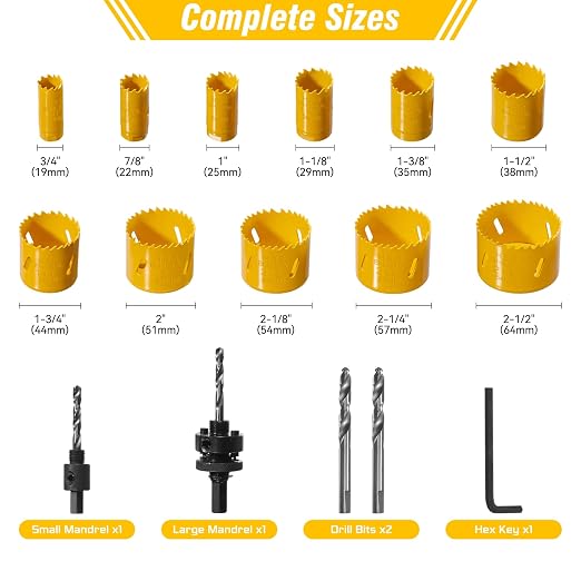 KATA Bi-Metal Hole Saw Kit, 18 Piece M42 Steel Hole Saw Set with 3/4"-2-1/2"(19-64mm) Saw Blades, Hole Saws Drill Bits Hole Cutter Kits with Storage Case, Holesaw Cutting for Thin Metal, Hard Wood