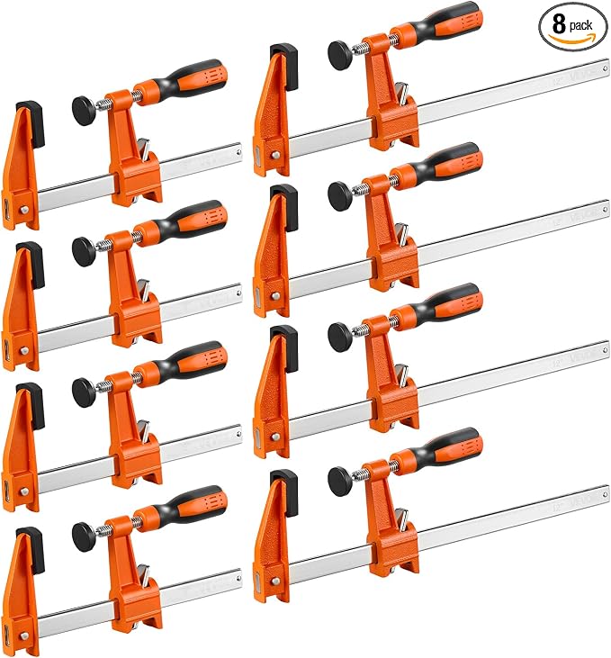 VEVOR Bar Clamps for Woodworking, 8-Pack, 6" and 12" F Clamps, 600 lbs Load Limit, with Plastic Pad and Self-Locking Design, Malleable Iron and Carbon Steel, for Wood Working and Metal Working