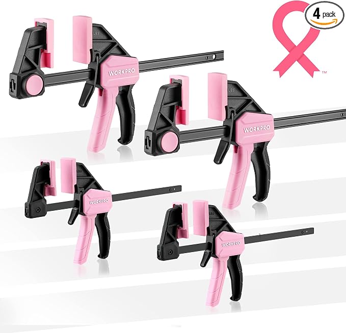 WORKPRO Mini Bar Clamps for Woodworking, 6"(2) and 4-1/2"(2), 4-Piece One-Handed Clamp/Spreader, Light-Duty Quick-Change F Clamp with 150lbs Load Limit - Pink Ribbon