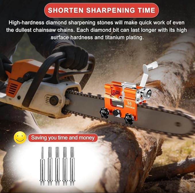 Chainsaw Sharpener Jig Tool with 5 Tungsten Bits for 4-22" Chains | Universal Portable Manual Hand Çank Chain Saw Blade Sharpener Tool Kit Accessories for Sharpening