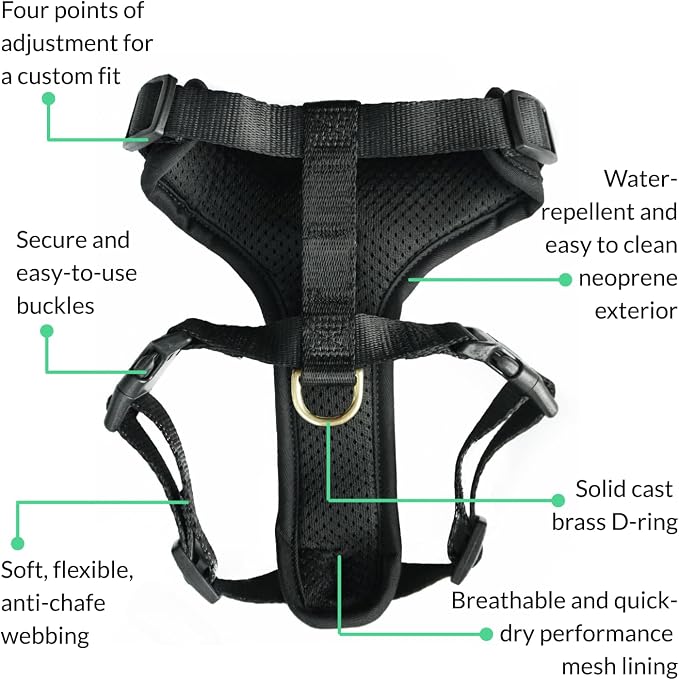 Adventure Dog Harness - Stylish and Comfortable Medium Dog Harness for Outdoor Adventures and Everyday Wear - Black Neoprene Adjustable Harness for Dogs with Reflective Piping and Brass D-Ring