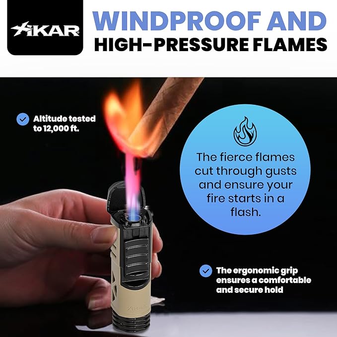 XIKAR Tactical Single-Jet Lighter, Tan and Black - Powerful Flame, Rugged Design with Rest Feature, Pocket Clip, EZ-View Fuel Window, and Adjustable Flame Height - Ideal for Outdoor Use