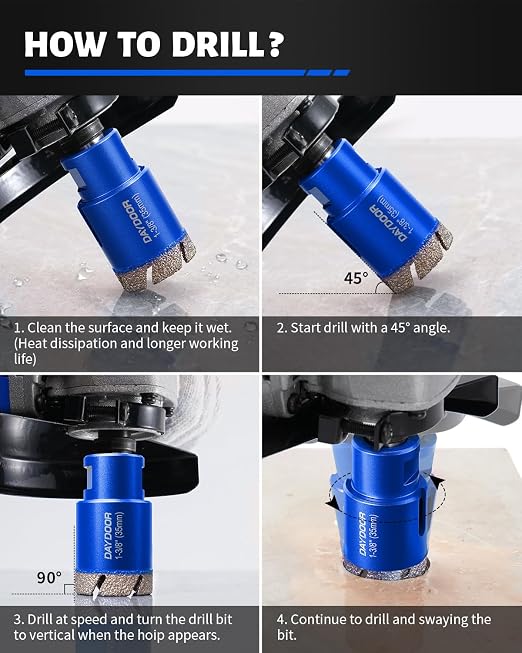 DAYDOOR Diamond Hole Saw Kit, 15-Piece Tile Hole Saw Kit 1/4" 5/16" 4/5" 1" 1-3/8" 2" 3" 4",Vacuum Brazed Core Drill Bits for Porcelain Tile, Granite, Marble, Stone(Blue)