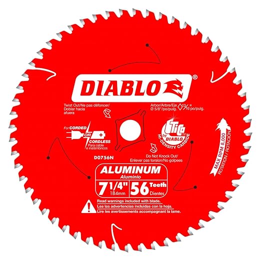 Diablo Saw Blade for Thick Aluminum - 7-1/4" Diameter, 56 TCG Teeth, 5/8" Arbor, .106" Kerf, -6-Degree Hook Angle, .087" Plate, 8000 Max RPM - D0756N
