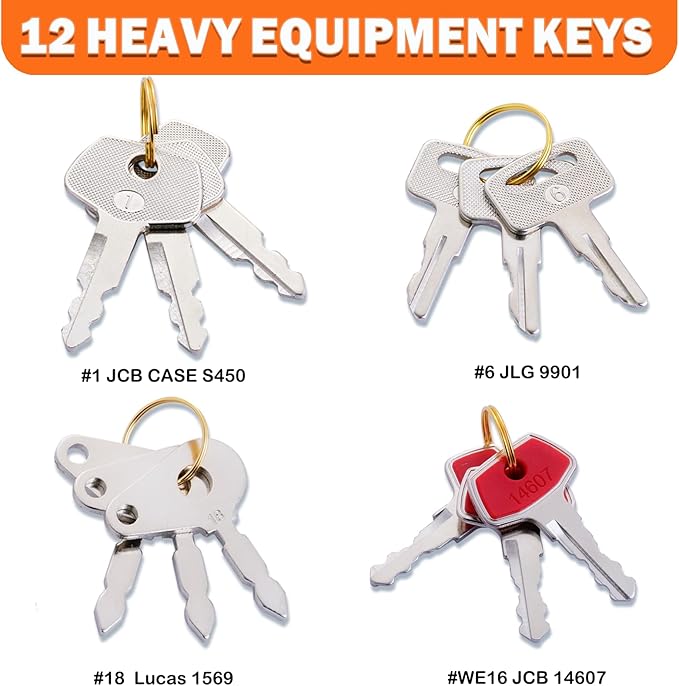 12 Heavy Equipment Keys Master Set, Contractor Machinery Equipment Excavator Dozer Skid Steer Loader Forklift Roller Keys Fit Case JCB 14603 14607 Lucas 1569 JLG 9006