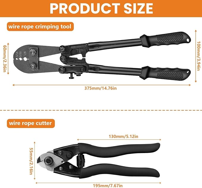 TooTaci Wire Rope Crimping Tool Kit, Include 14 inch Swaging Tool and Wire Rope Cutter, Cable Crimper for 1/16" to 1/8" Crimping Loop Sleeves