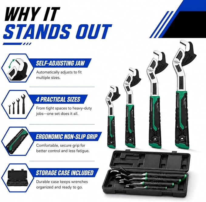 4-Piece Self-Adjusting Pipe Wrench Set with Case, 6, 8, 10 and 12 Inch CR-V Steel Self-Locking Plumbing Wrenches, 0.28-1.38 Inch (7-35 mm) Jaw Capacity for Pipes, Fittings and Nuts