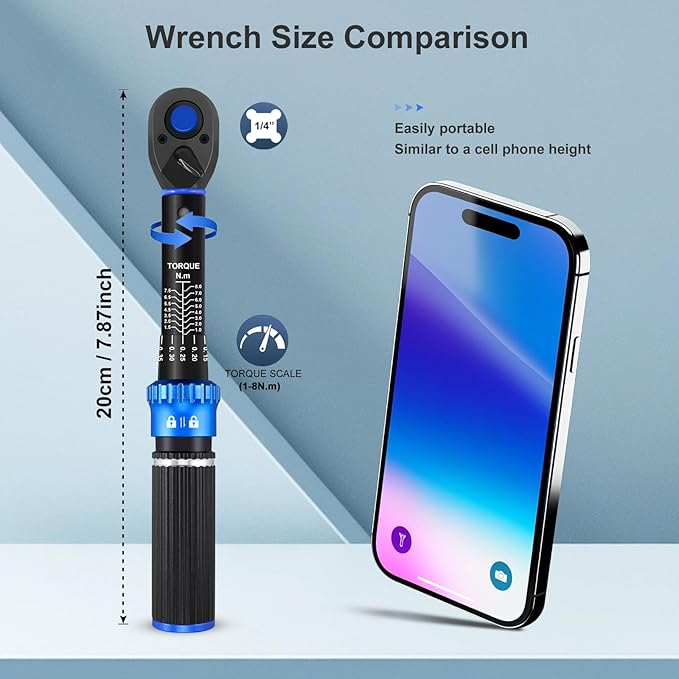 1/4" Drive Small Torque Wrench 1-8 Nm (8.85-70.8 in lb) ±3% Precision, Dual-Direction 72-Tooth Click Low Torque Wrench for Bicycle, Electronics, Small Engine Repair, and Delicate Fasteners