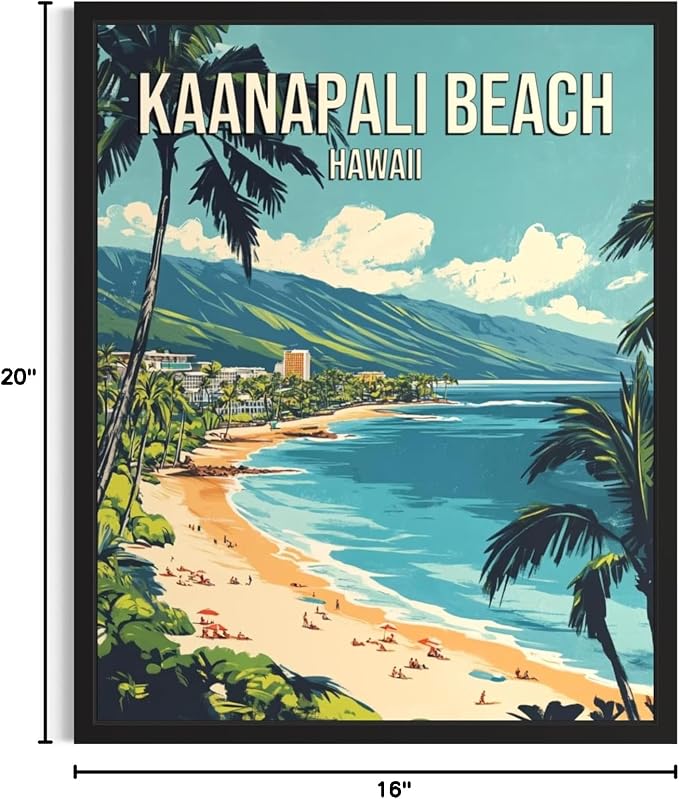 Kaanapali Beach Hawaii Black Framed Wall Art Print Poster, US Vintage Retro Beach Scenery Posters Prints for Restroom Home Picture Painting Artwork Gallery 219 (Kaanapali Beach Hawaii, 16 x 20 inches, Black Frame)