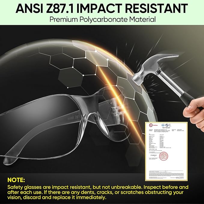 TICONN Clear Safety Glasses for Men and Women, Safety Goggles with Scratch Impact Resistant Meets ANSI Z87.1 Standard