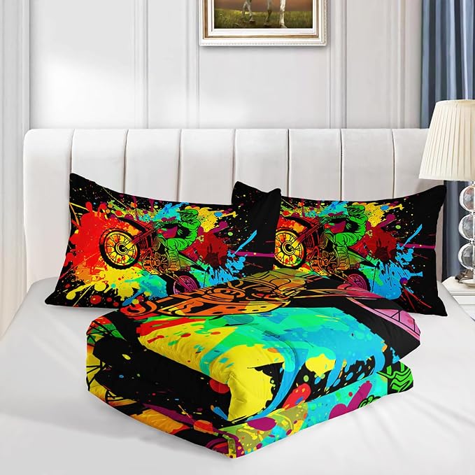 Axolotl Motocross Bedding Set Twin,Dirt Bike Comforter Set,Extreme Sports Bedding,Motorcycle Racer Comforter Set Motocross Comforter Motor Vehicles Biker for Boys Kids Teens Men,1 Quilt 2 Pillowcases