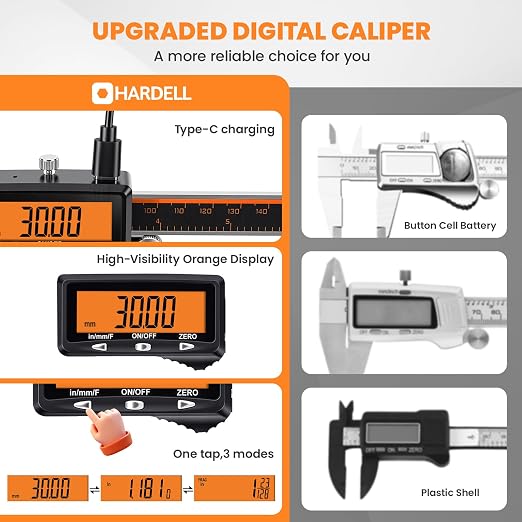HARDELL Rechargeable Digital Caliper, 12 Inch Calipers with Large Orange Screen (No-Backlight), Auto-Off, Quick Change Button for Inch/MM/Fraction, Stainless Steel Vernier Caliper for Woodworking