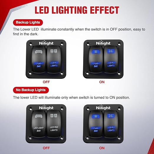 Nilight 16AWG LED Light Bar Wiring Harness Kit-4 Leads | 12V On/Off 2 Gang Laser Etched Pod Lights Rocker Switch Panel Power Relay Fuse 5Pin Toggle for Cars Boat ATV Trucks