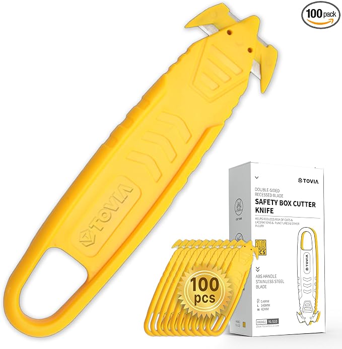 100Pcs T TOVIA Safety Box Cutter Knife of Recessed Concealed Stainless Steel Blade, Package Opener Plastic Cutter for Box, Carton, Shrink Wrap, Plastic Straps.
