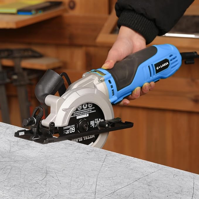 Mini Circular Saw, 6Amp 5200RPM Corded Circular Saw with Rip Guide, 24T TCT Wood Blade & 60T HSS Metal Blade – 1.67" Cutting Depth at 90°, 1" at 45° for Bevel Cuts, for Wood, Thin Metal, PVC