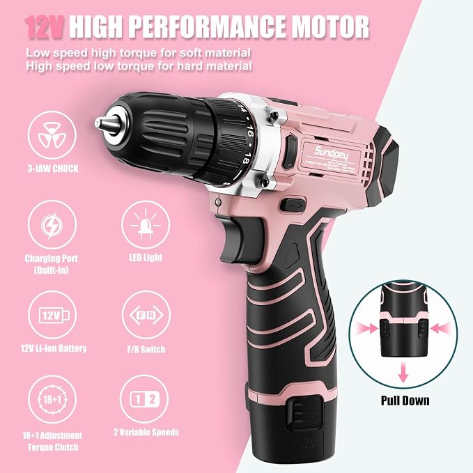 Sundpey 206PC Portable Basic Home Tool Kit Set with 12V Cordless Drill Pink