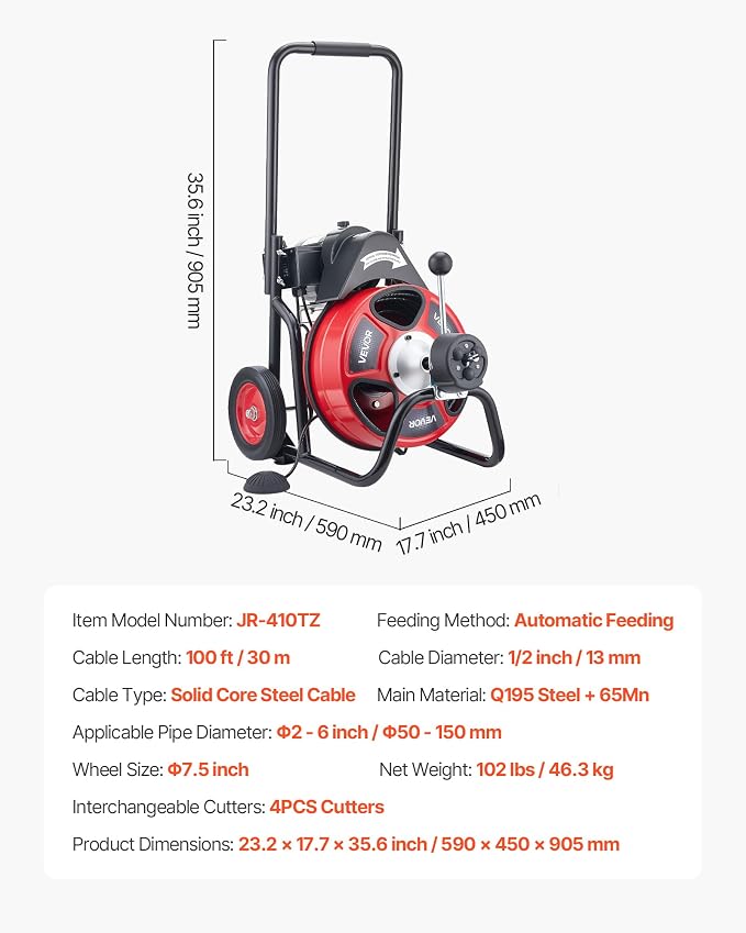 VEVOR Drain Cleaner Machine 100 FT x 1/2 Inch, Auto Feed Sewer Snake Auger on Wheels, Portable Drain Cleaning Machine with 4 Cutters & Air-activated Foot Switch for 2" to 6" Pipes
