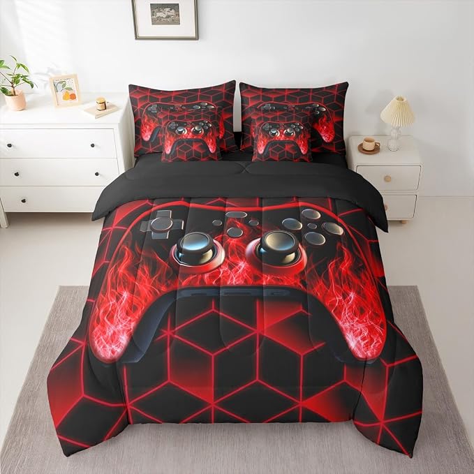 Game Consoles Bed in a Bag King Size Comforter Set 7 Pieces,Neon Geometric Gamepad Gamer Bedding Set,3D Geometric Gamer Sheet Set Red Flame Bed Set,Gaming Decor for Boys Bedroom Gamer Gifts