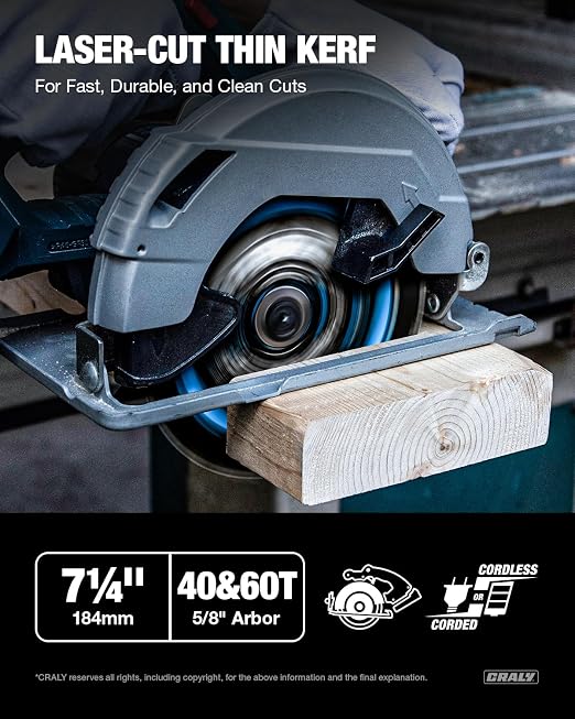 CRALY 7-1/4 Inch 24&40&60 Teeth Wood Cutting Framing/Fine Finish Circular Saw Blade, 5/8 Inch Arbor, Carbide Tipped, Thin Kerf, Black Ice™, for Plywood, MDF, OSB, Laminated, 3-Pack(C07244060-3)