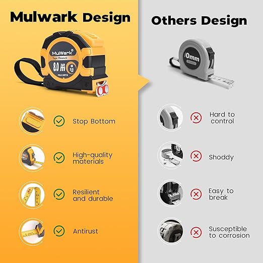 MulWark 26ft Metric Tape Measure, Double Secure Blade Lock Tape Measure Retractable with Stop Button, Both-Side Metal Blade, Magnetic Hook for Construction, Carpenter, Architect, Woodworking