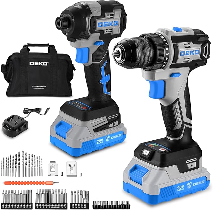 Cordless Drill & Impact Driver: DEKOPRO 20V Brushless Power Drill and 20V Brushless Impact Driver Set, Power Tool Set with 2 x 2.0Ah Batteries, Charger, Bag& 52 x Accessories-Blue