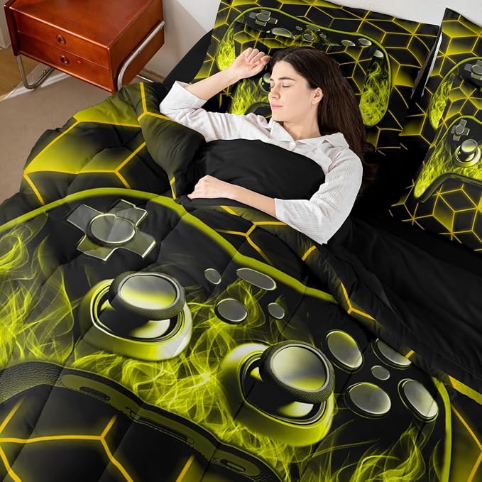 Gaming Consoles Bed in a Bag Queen Comforter Set 7 Piece,Neon Geometric Video Game Gaming Bedding Set,3D Geometric Gamer Sheet Set Yellow Flame Bed Set,Gamer Room Decor for Boys Bedroom
