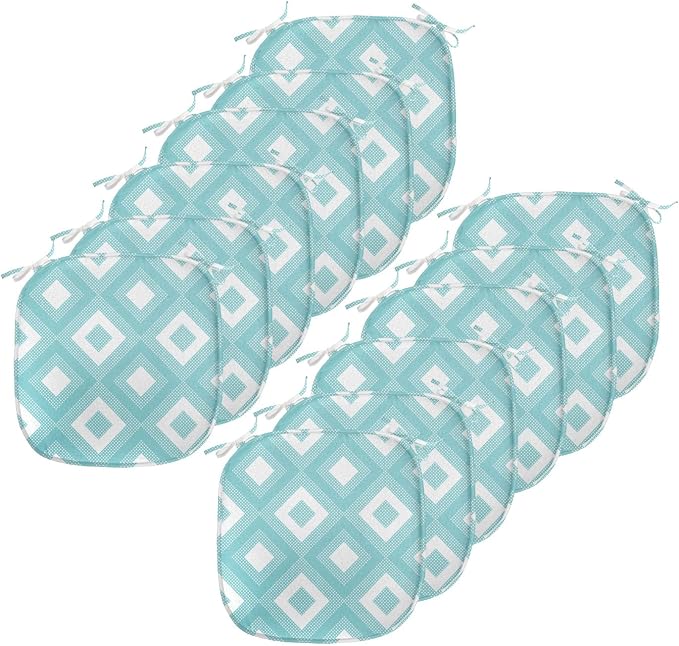 Lunarable Geometric Chair Seating Cushion Set of 12, Nested Diagonal Squares with Tiny Polka Dots Symmetric Repetition, Anti-Slip Seat Padding for Kitchen & Patio, 16"x16", White and Pale Teal