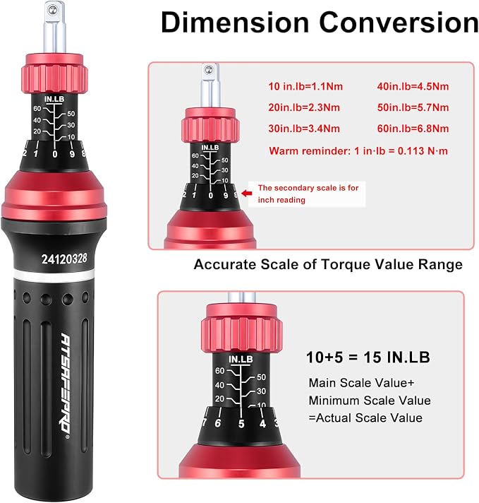ATsafepro Torque Screwdriver 10-60 in.lb,21 Pcs Inch Pound Torque Screwdriver Set -1/4" Elastic Bit Holder and Bit Holder, Buckle Clamp, Flat, Hex, Torx, Philips, Fit for Bicycle, Tool Maintenance