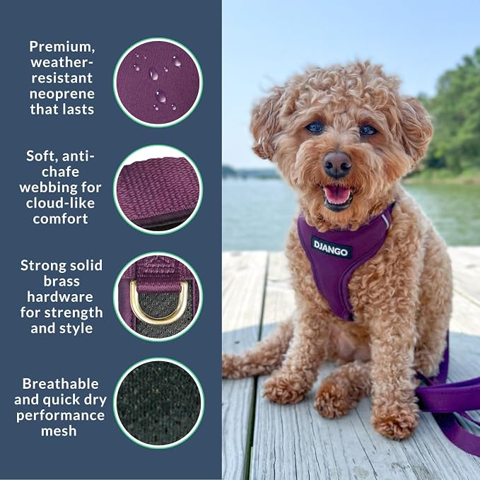 Adventure Dog Harness - Stylish, and Durable Medium Dog Harness for Outdoor Adventures and Everyday Wear - Plum Purple Neoprene Adjustable Harness for Dogs with Reflective Piping, Brass D-Ring