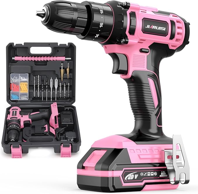 20V Cordless Drill, Electric Power Drill Set with Battery Charger and Carrying Case, 3/8” Keyless Chuck, 2 Variable Speed, 18+3 Torque, 72pcs Driver Bits and Belt Hook, Pink