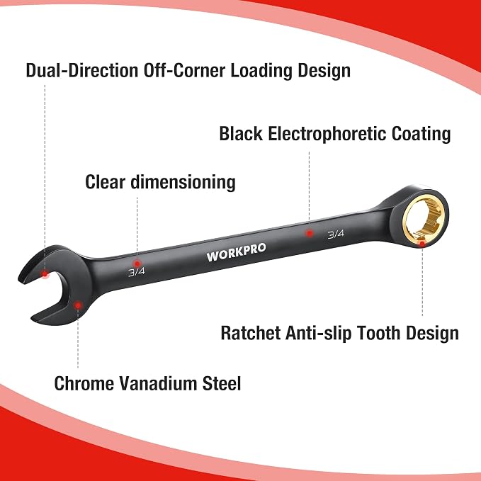 WORKPRO 9-Piece Anti-Slip Ratcheting Combination Wrench Set, SAE 1/4"-3/4" | 72-Teeth, Black Cr-V Wrenches Set with Roll Up Pouch, Anti-slip Wrenches for Automotive, Garage and Home Repairs