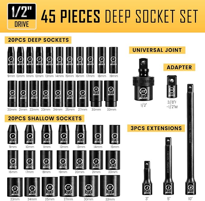 boen 45PCS 1/2” Drive Metric Socket Set, Impact Deep& Shollow Socket(9mm-32mm), 6 Point Lug Nut for Auto Repair with Portable Case, CR-V Steel