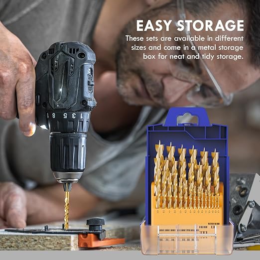 Brad Point Wood Drill Bit Set, Tin-Coated 29Pcs HSS Drill Bit Set with Double Flutes Design for Carpenter Woodworking and All Types of Wood with Plastic Box (1/16" - 1/2")