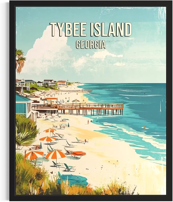 Tybee Island Beach Georgia Black Framed Wall Art Print Poster, US Vintage Retro Beach Scenery Posters Prints for Restroom Home Picture Painting Artwork Gallery 219 (Tybee Island Beach Georgia, 24"L x 18"W, Black Frame)