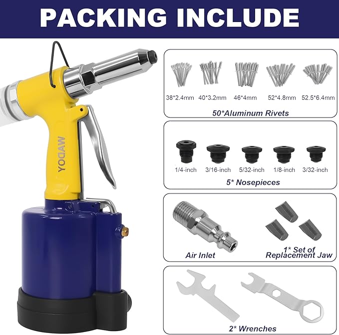 Air Rivet Gun Heavy Duty, 3924 LBF Pneumatic Pop Rivet Gun Kit with 50 PCS Rivets,5 Nosepieces(3/32",1/8", 5/32",3/16",1/4"), Air Hydraulic Riveter for Automotive, Construction, Industrial,Boat Repair