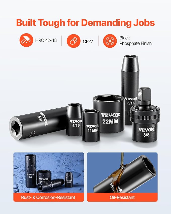VEVOR 3/8" Drive Impact Socket Set, 50-Piece, Deep & Shallow Kit | SAE (5/16" to 3/4") & Metric (8-22 mm), 6 Point, CR-V, Ratchet Handle, Extension Bars, Universal Joint, Reducer, Adapter