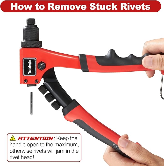 Toolwiz Rivet Gun One-Handed Rivet Gun Kit with 200pcs Rivets, 4pcs Tool-Free Interchangeable Heads and 4pcs Drill Bits - Heavy Duty Hand Riveter for Metal, Wood, Plastic, Leather, Fabric