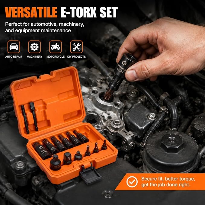 16-Piece Torx Bit Socket Set - Premium S2 Steel European Style M4-M18 with Socket Adapters, Star Bit Socket Set 1/4”, 3/8” and 1/2” Drive and 3 Adapter Professional Mechanic Garage Tools