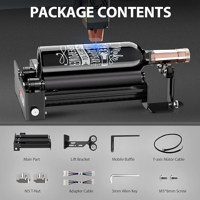 Ortur Laser Rotary Roller YRR 3.0, Pre-Assembled 360° Y-axis Rotary for Cylinder Engraving, Adjustable Diameters from 1mm-41mm, Max Length of Engraved Object to 600mm