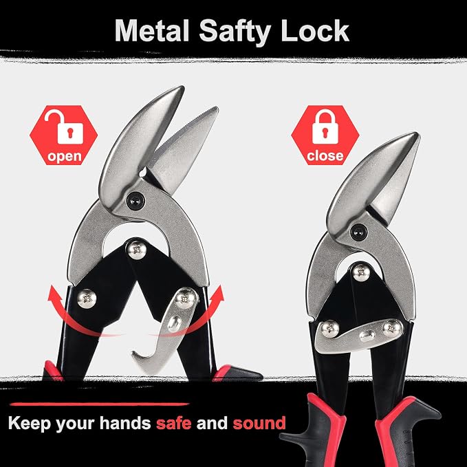 Aviation Tin Snips Set, Straight Heavy Duty Left and Right Tin Cutting Shears, 3-Piece Metal Cutters With Comfort Grips and Safety Latch