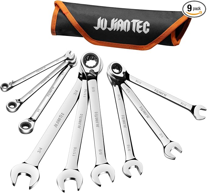 JUJIAN TEC 9-Piece SAE Ratcheting Combination Wrench Set | 72-Tooth Reversible Ratchet, Cr-V Steel, 1/4" – 3/4", Roll-Up Pouch