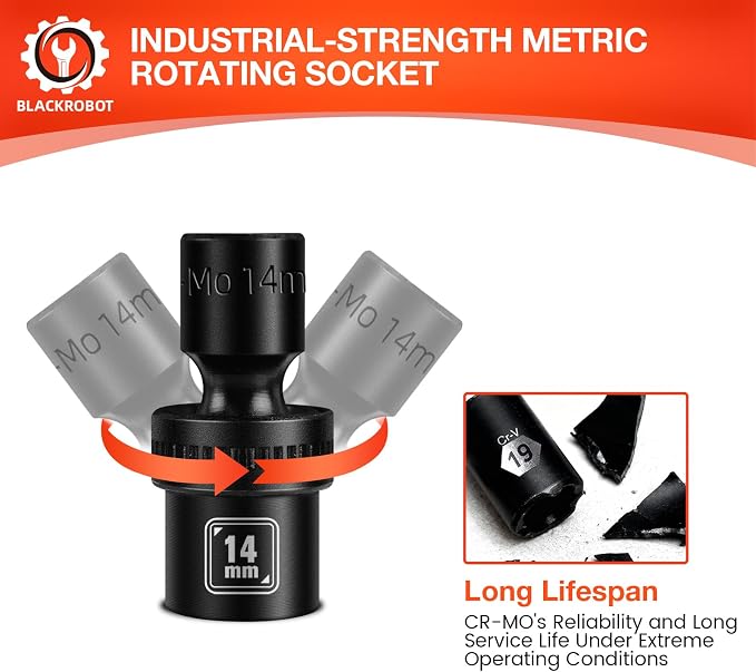 BLACKROBOT 3/8" Drive Shallow Universal Impact Socket Set, 12PCS 6 Point Metric Swivel Socket set(10-22mm), CR-MO Steel, Includes Storage Rail